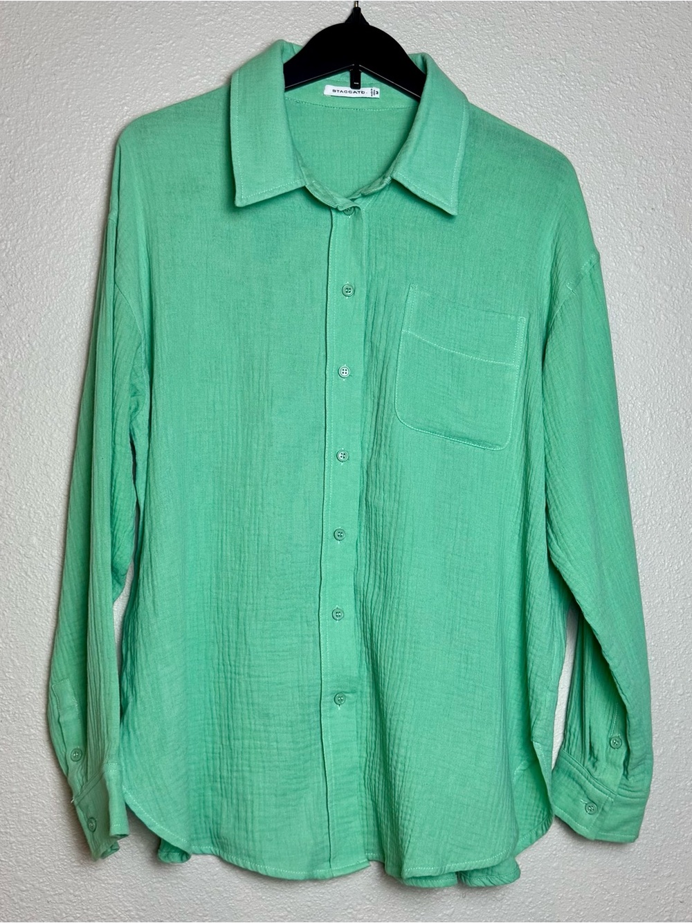 Staccato Green Crinkle Cotton Gauze Long Sleeve Button Down Shirt Womens Sz M